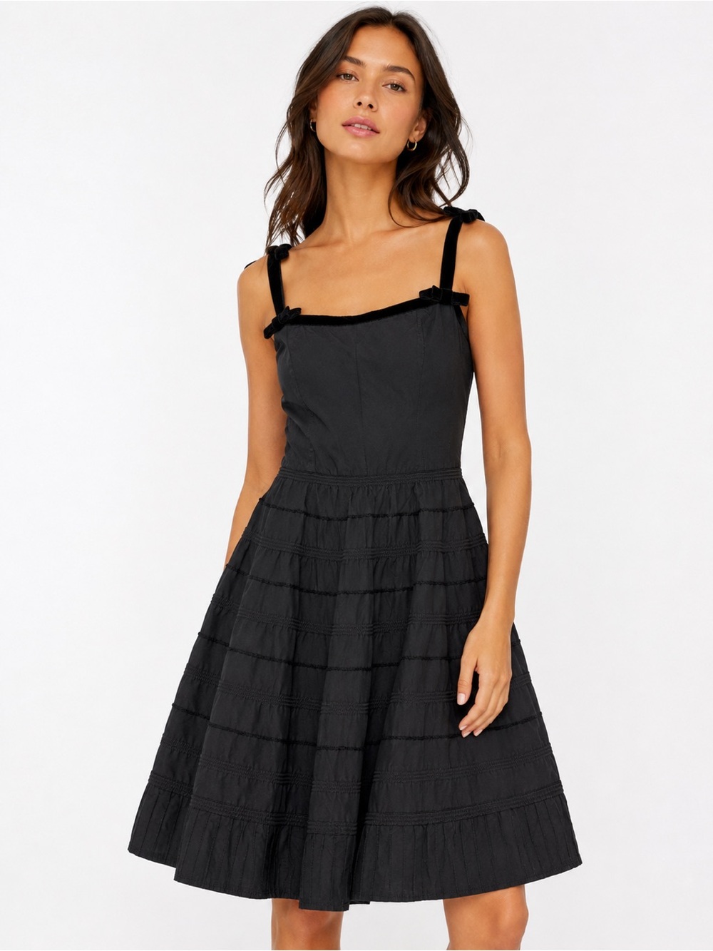 Odille Anthropologie Black Silk Cotton Fit & Flare Dress Velvet Trim Size 6